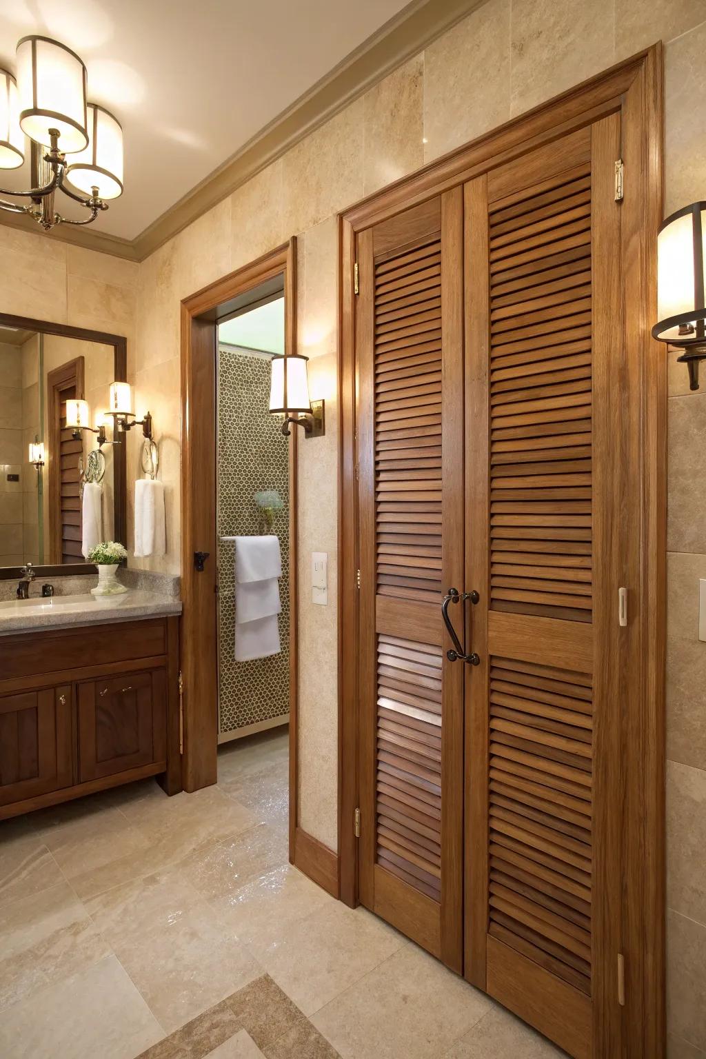 Louvered wood panels provide both privacy and aesthetic appeal.