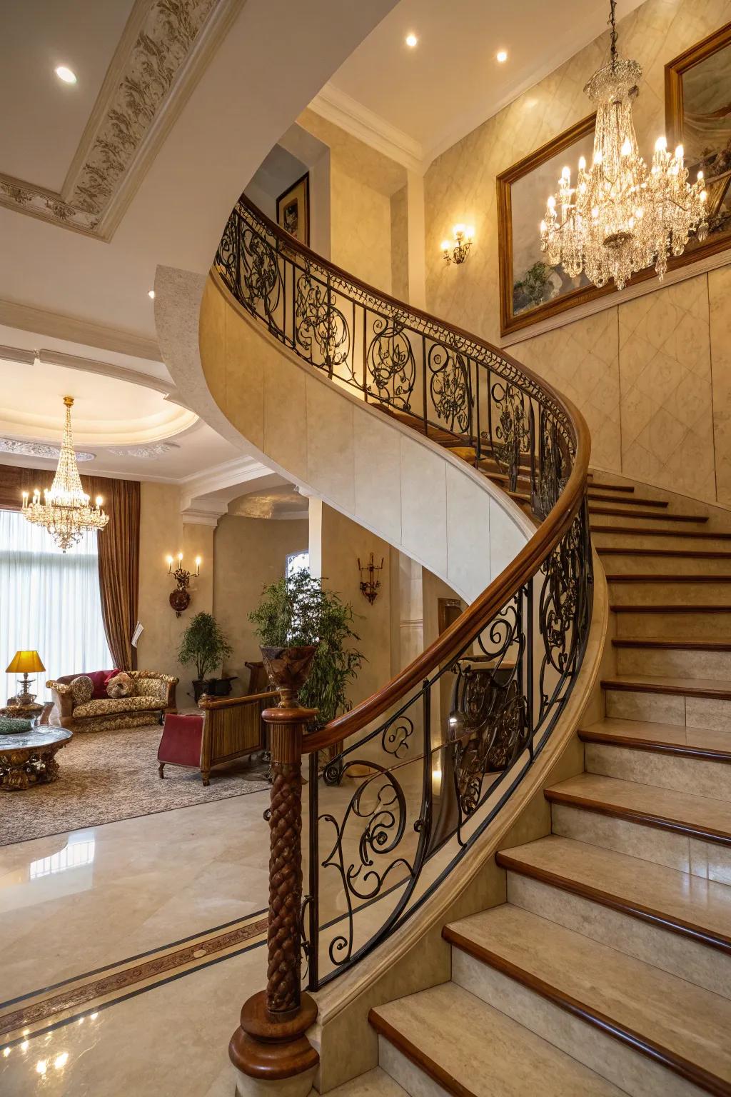 Glamorous refinement: 1920s style wood railing.