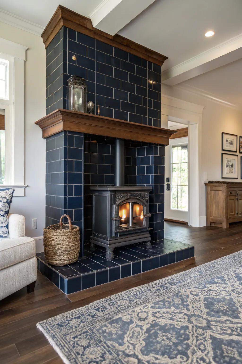 Dark tiles offer a bold and refined setting for your wood stove.