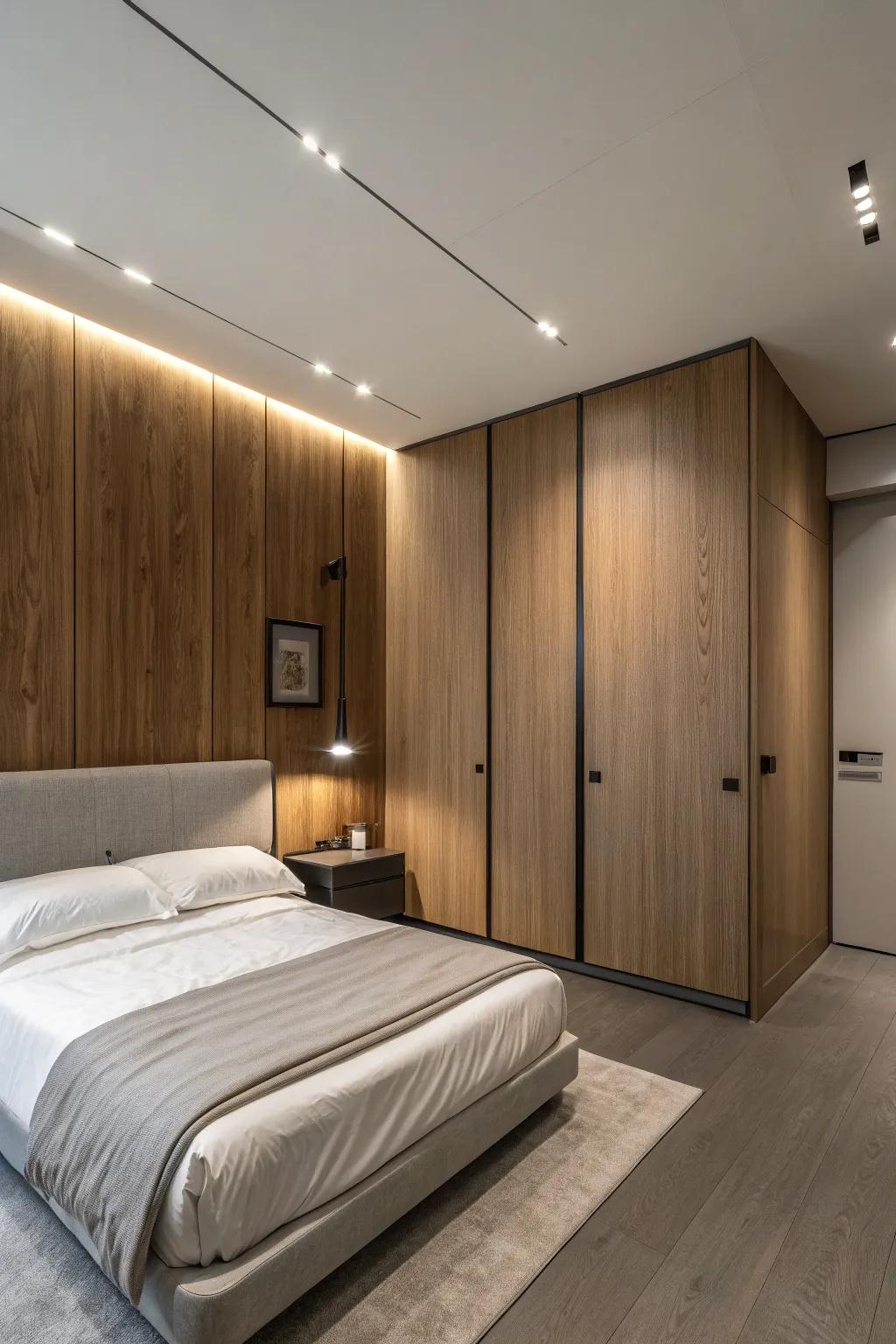 A minimalist bedroom featuring neutral wood paneling.