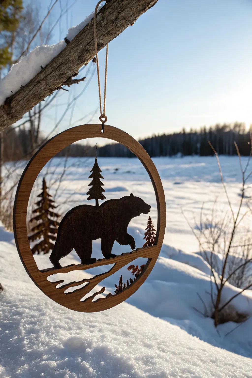 A bear form adds a touch of playfulness to this wooden decoration.