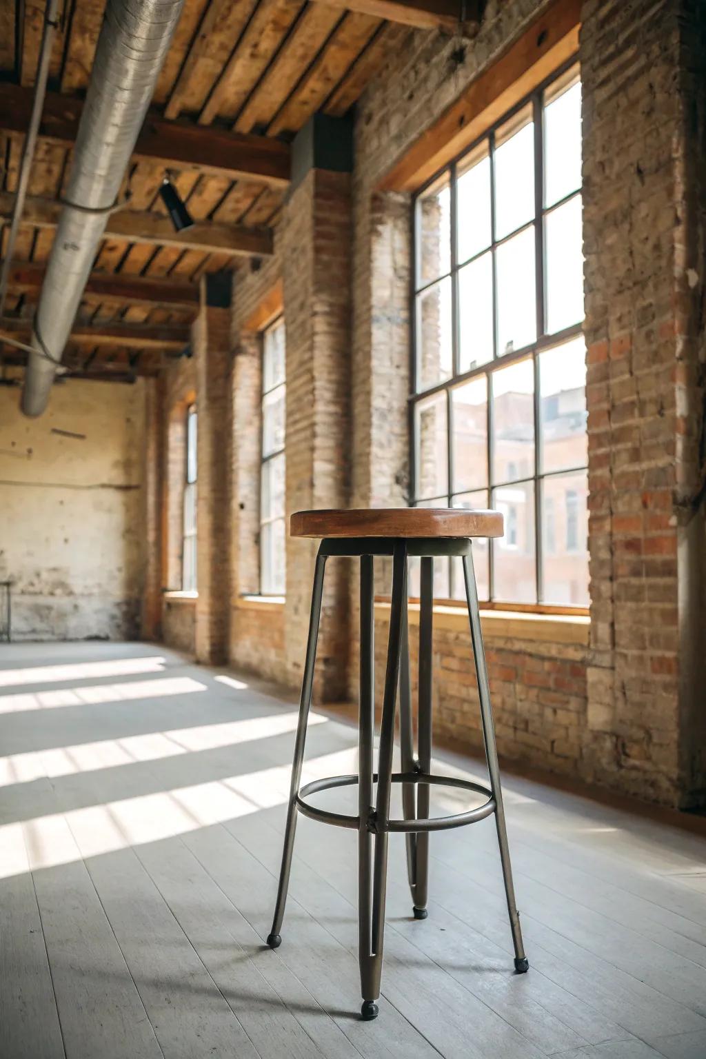 An industrial hardwood stool brings refined city style to your home.