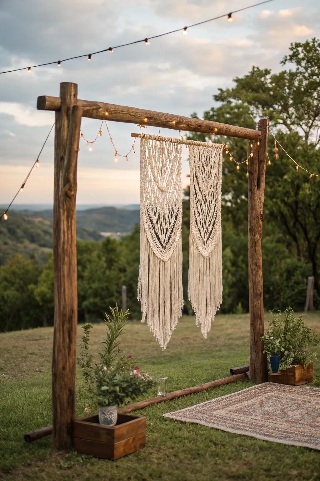 A free-spirited wooden backdrop featuring woven art hangings, creating a relaxed wedding vibe.