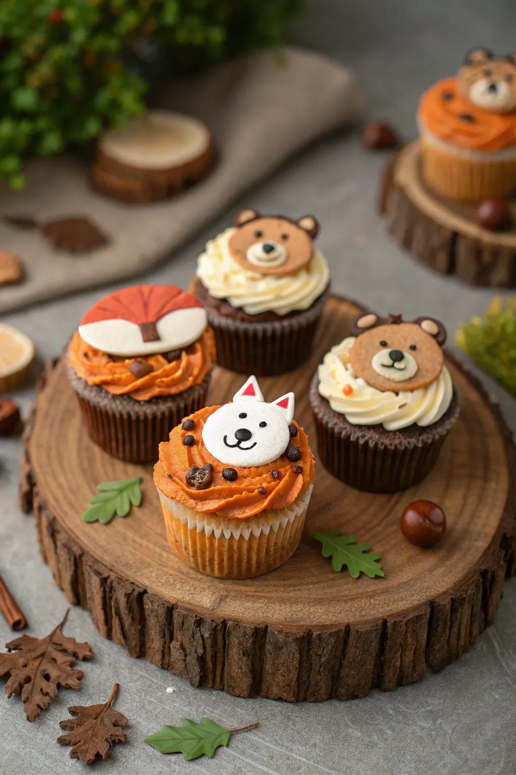 Forest-themed cupcakes decorated with delightful animal motifs.