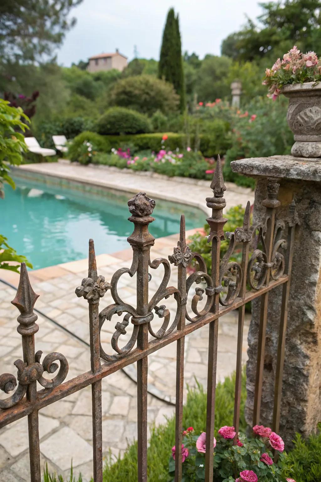 A retro-styled wrought iron fence introduces a nostalgic element to this poolside.