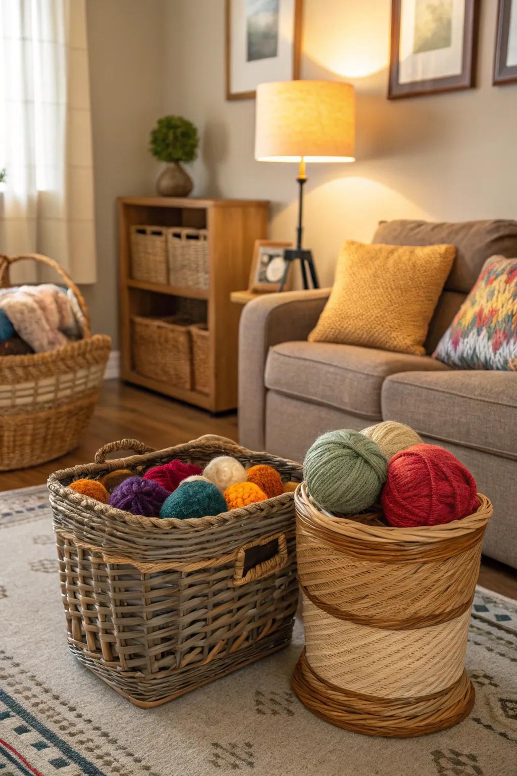 Wicker containers provide a natural and orderly yarn storage option.