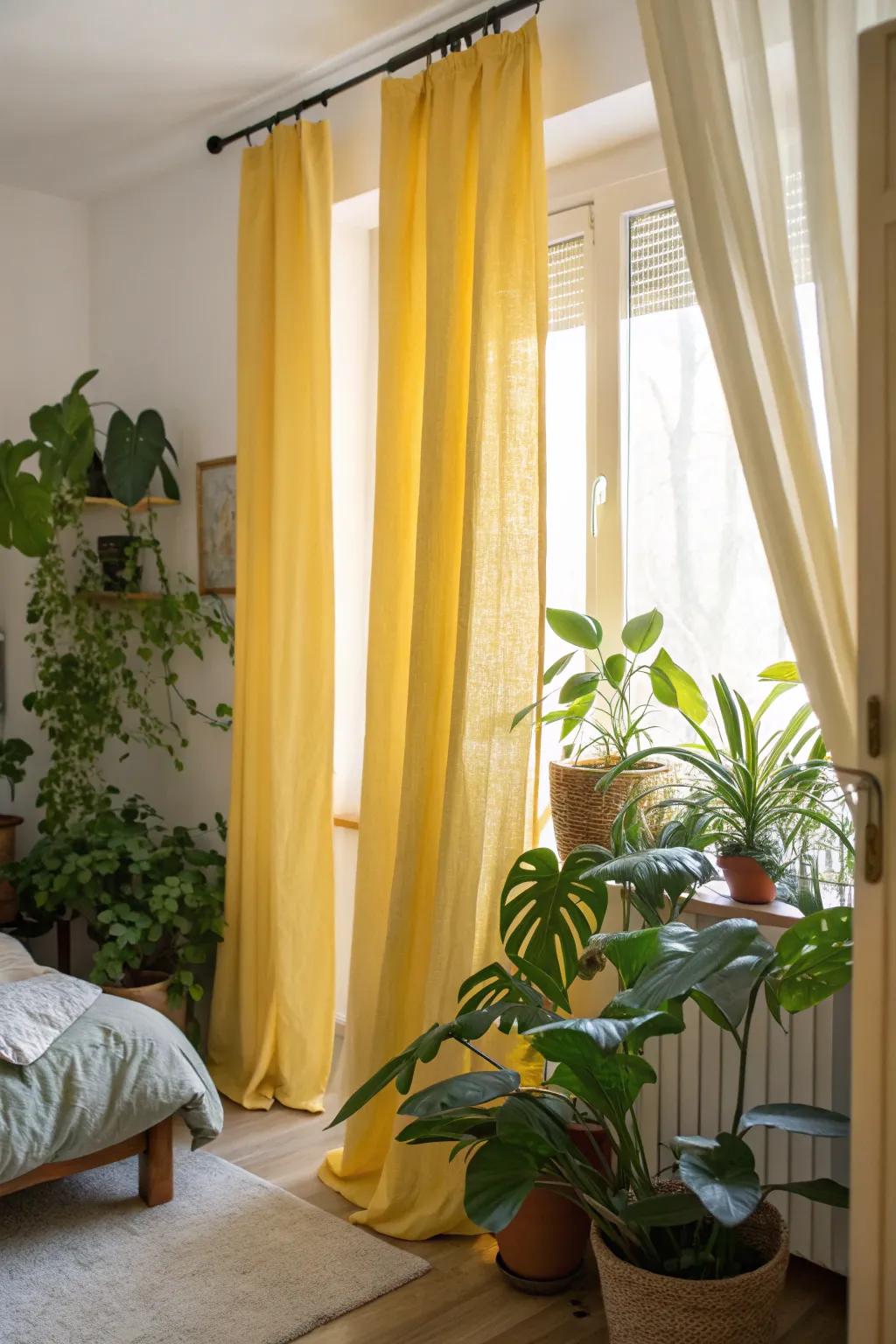 Green plants enhance yellow window coverings, crafting a lively and organic bedroom setting.