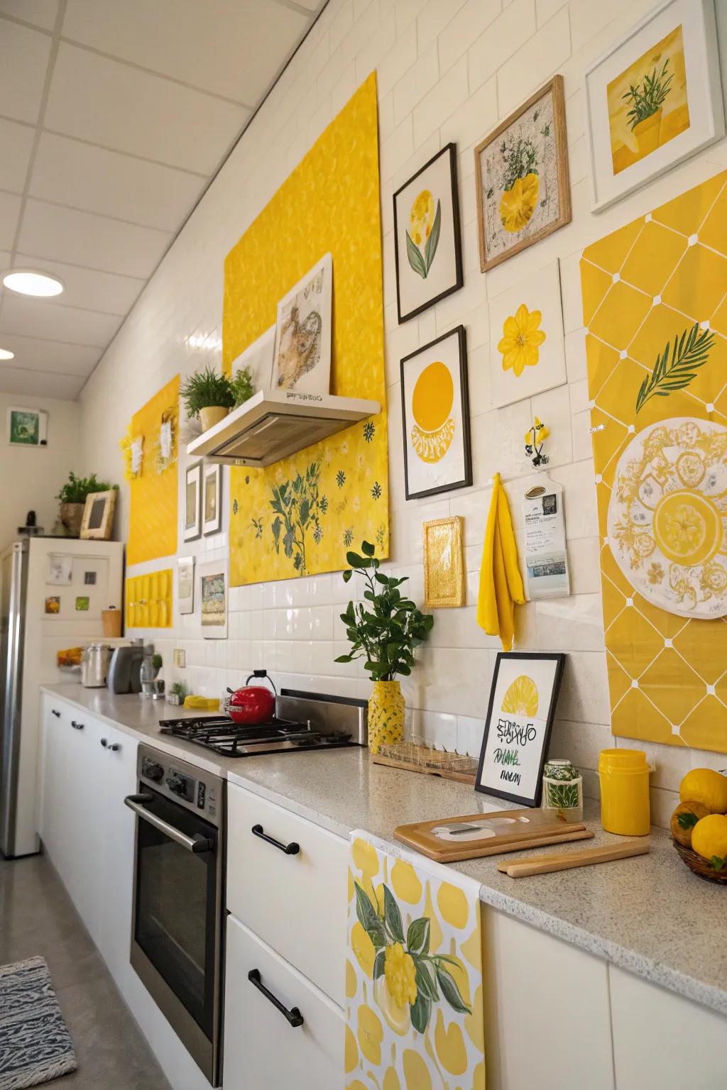 Yellow wall art infuses character and energy into the kitchen decor.