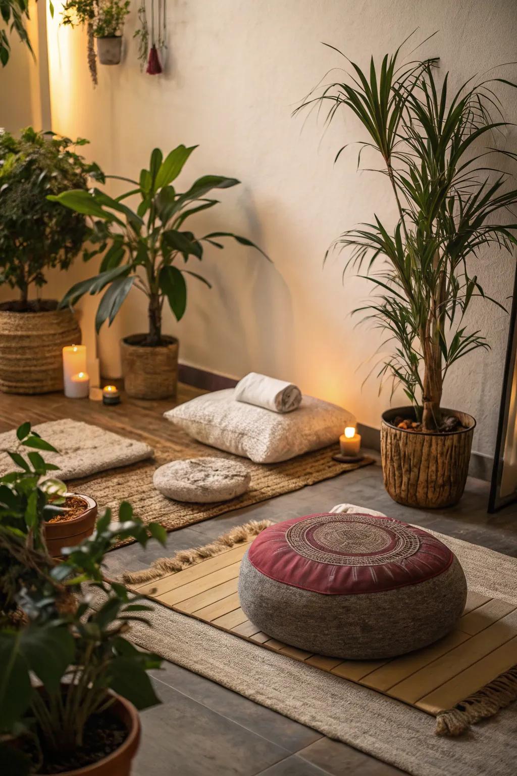 A cozy meditation nook adorned with cushions and verdant life.