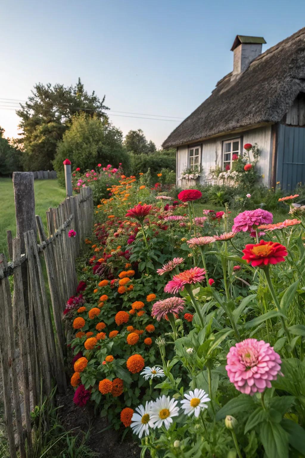 A captivating quaint garden populated with zinnias, roses, and daisies.