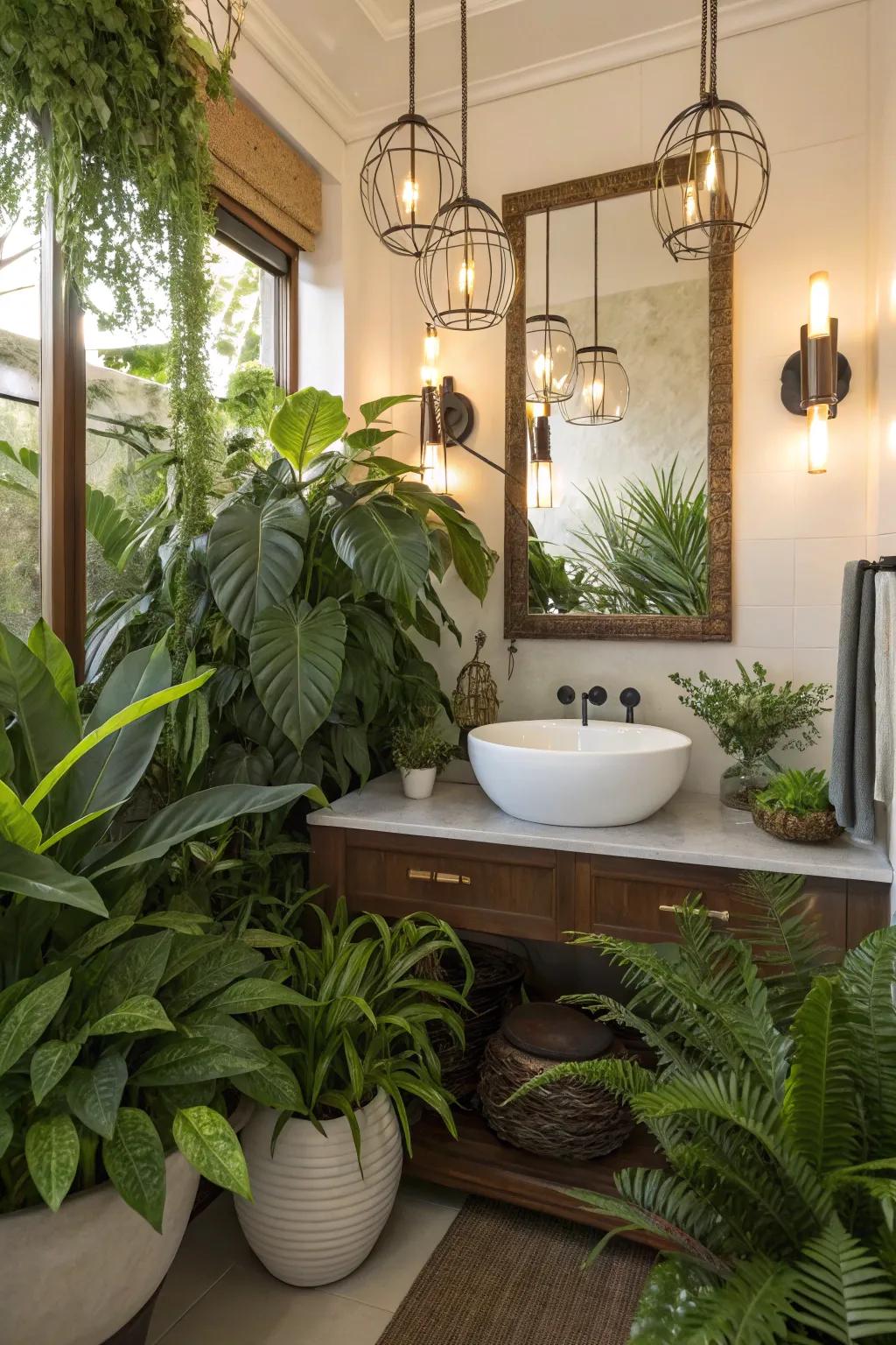Abundant greenery imparts a refreshing vibe to this powder room.