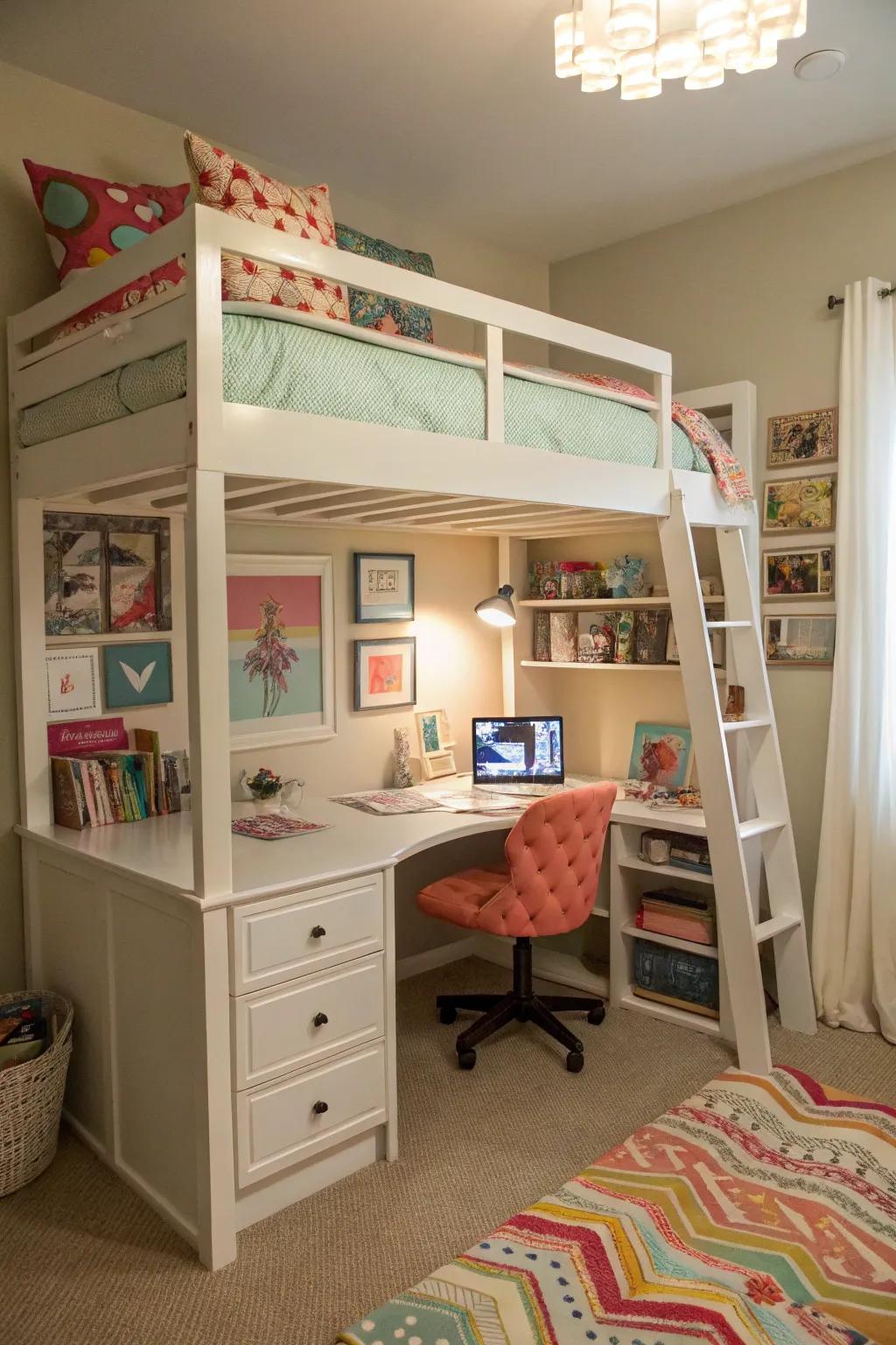 A loft bed maximizes space by creating a study area below.