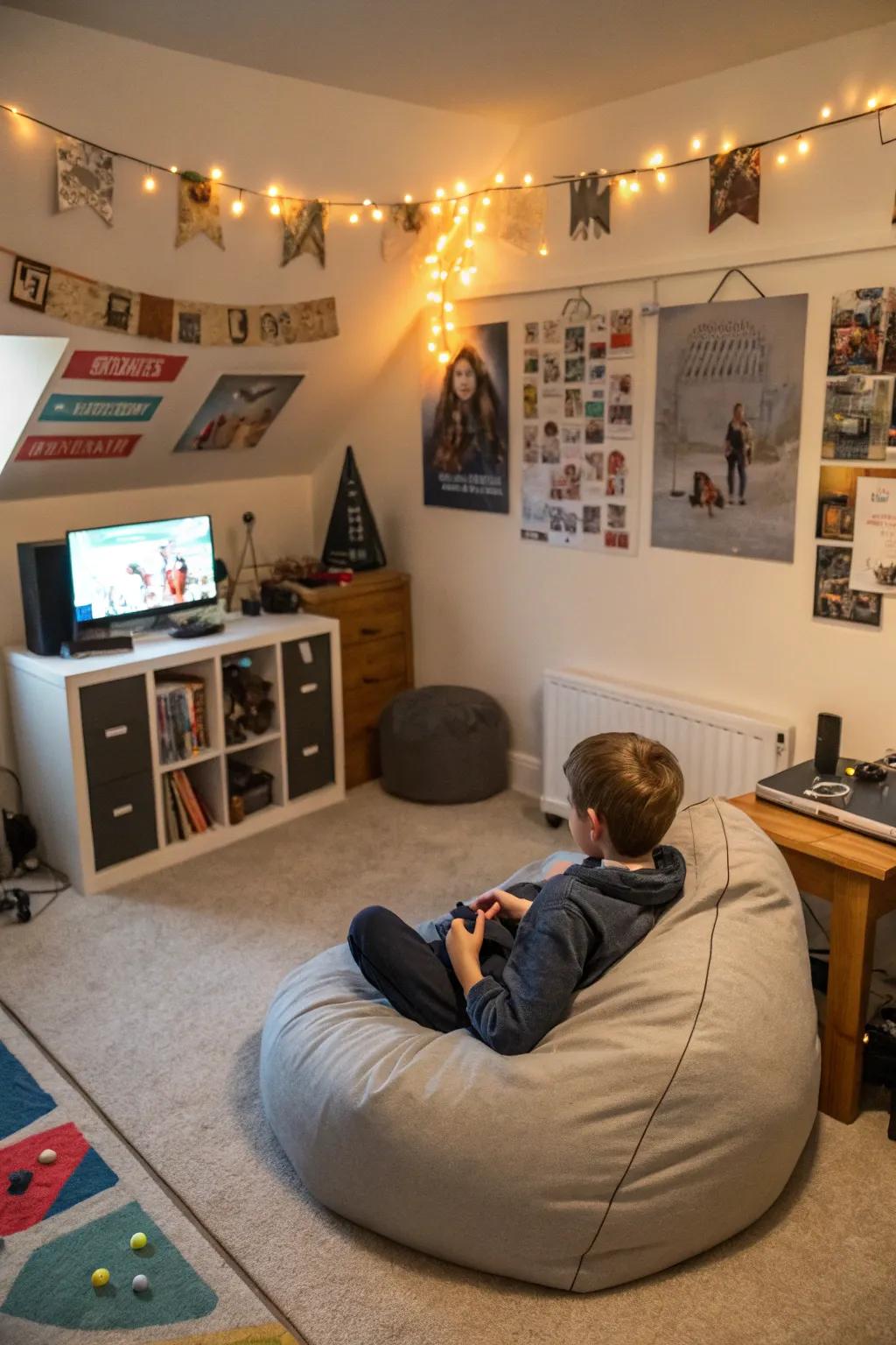 A gaming zone with bean bags provides a perfect spot for relaxation and play.