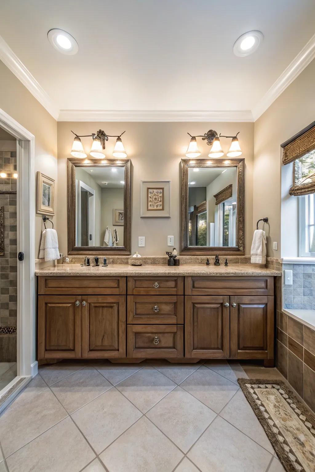 Symmetrical design for a harmonious and balanced bathroom arrangement.