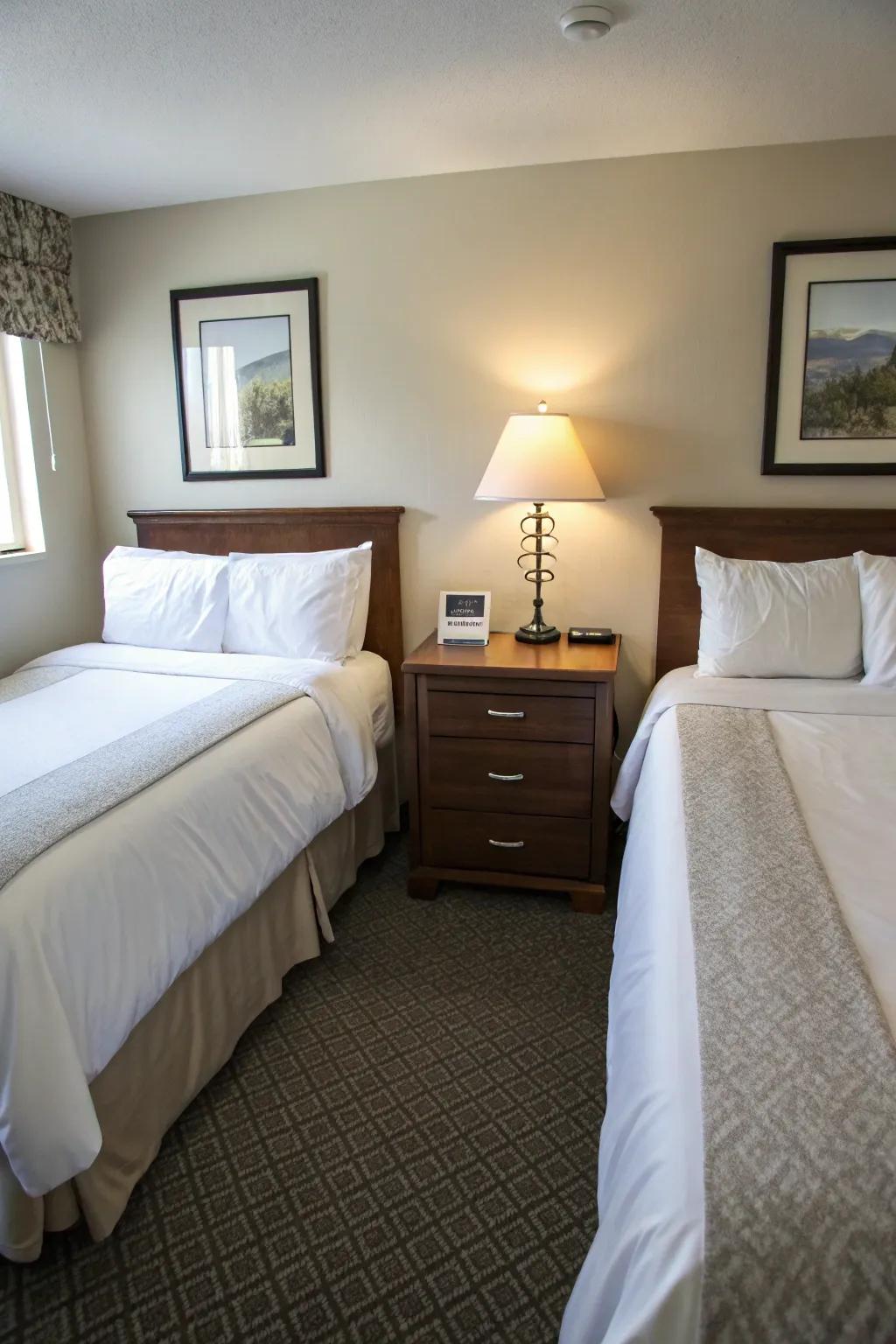 Functional and chic parallel beds with a central storage unit.