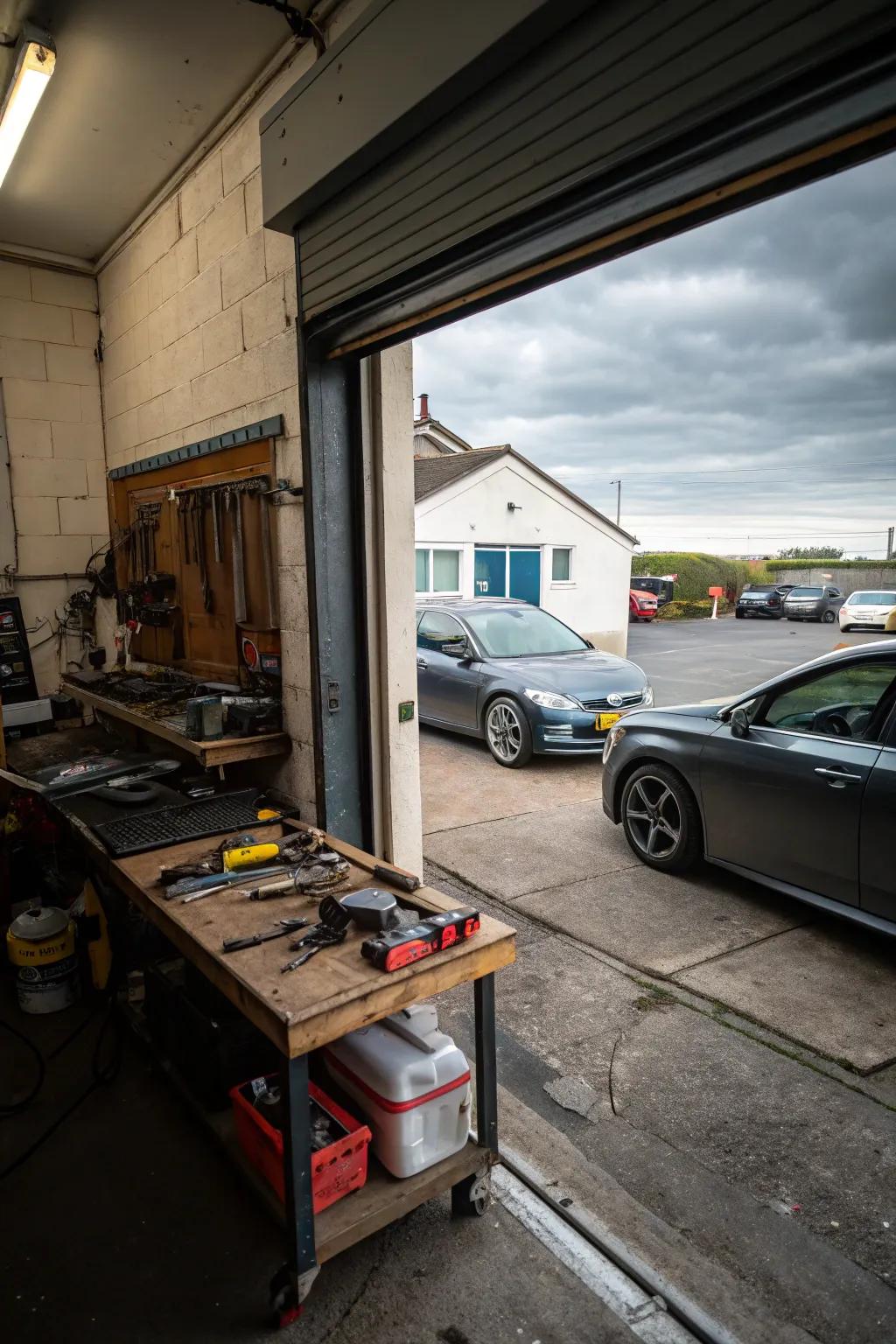 A fold-down workbench provides flexible workspace in the garage.