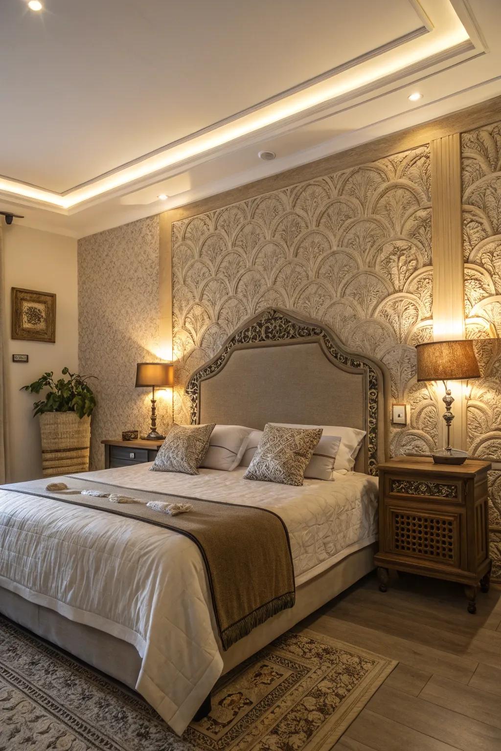 Textural walls and headboards improve bedroom coziness.