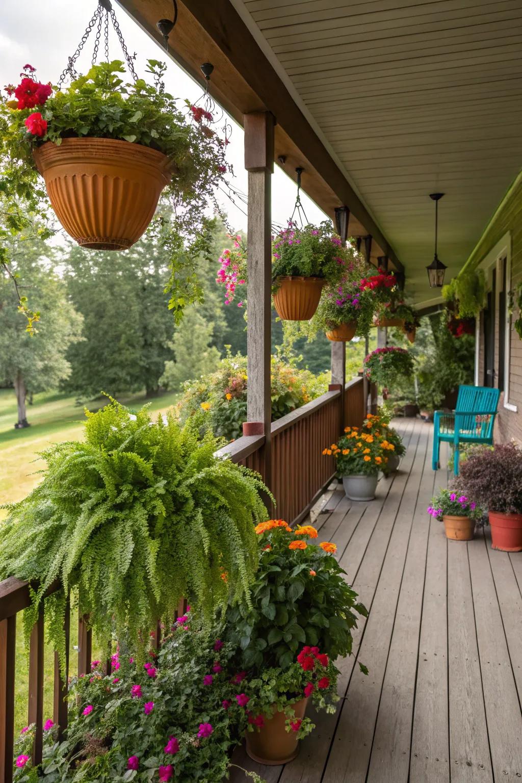 Lush greenery enhancing the porch's natural feel.