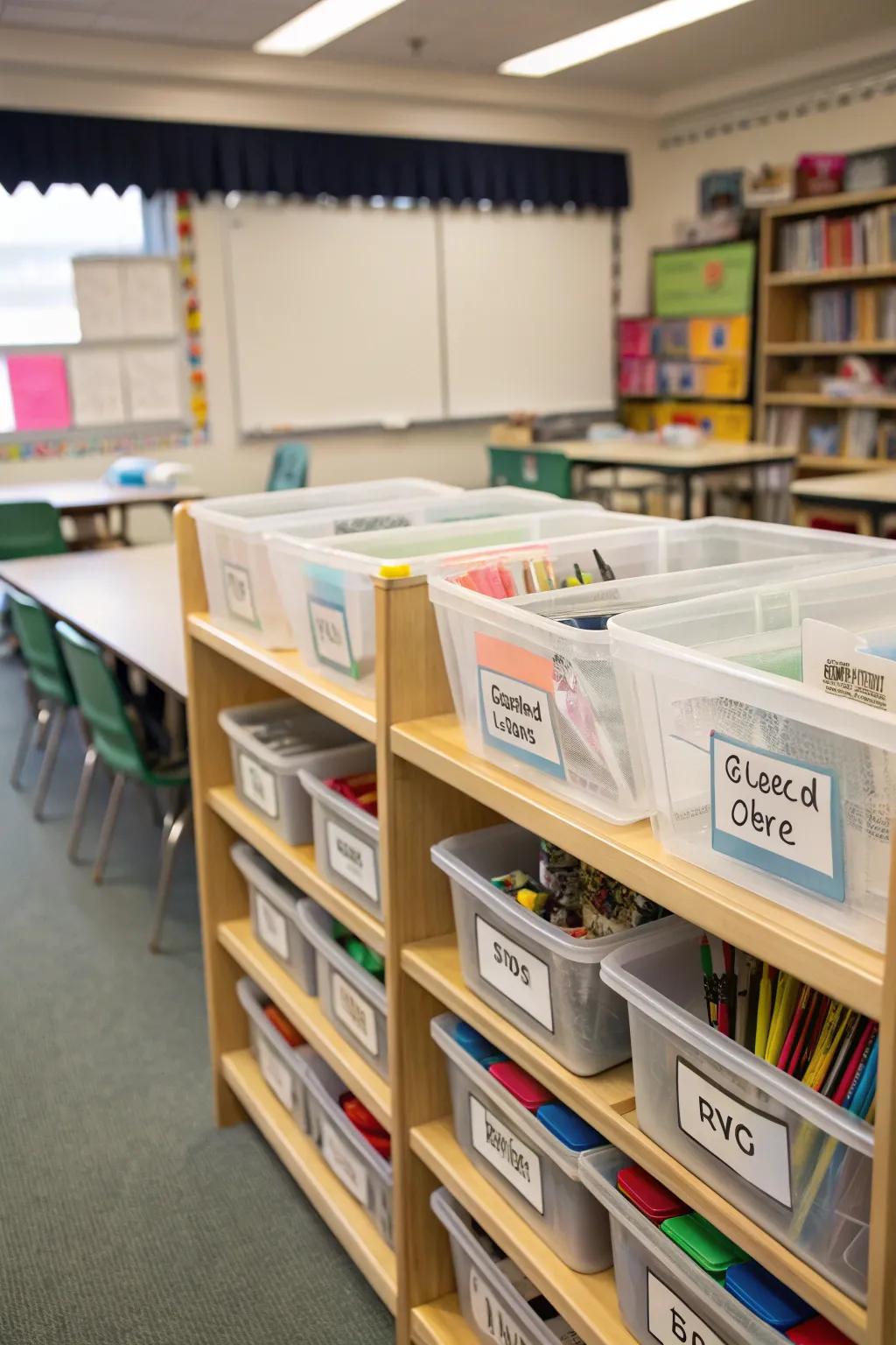 A well-organized classroom storage area fostering independence