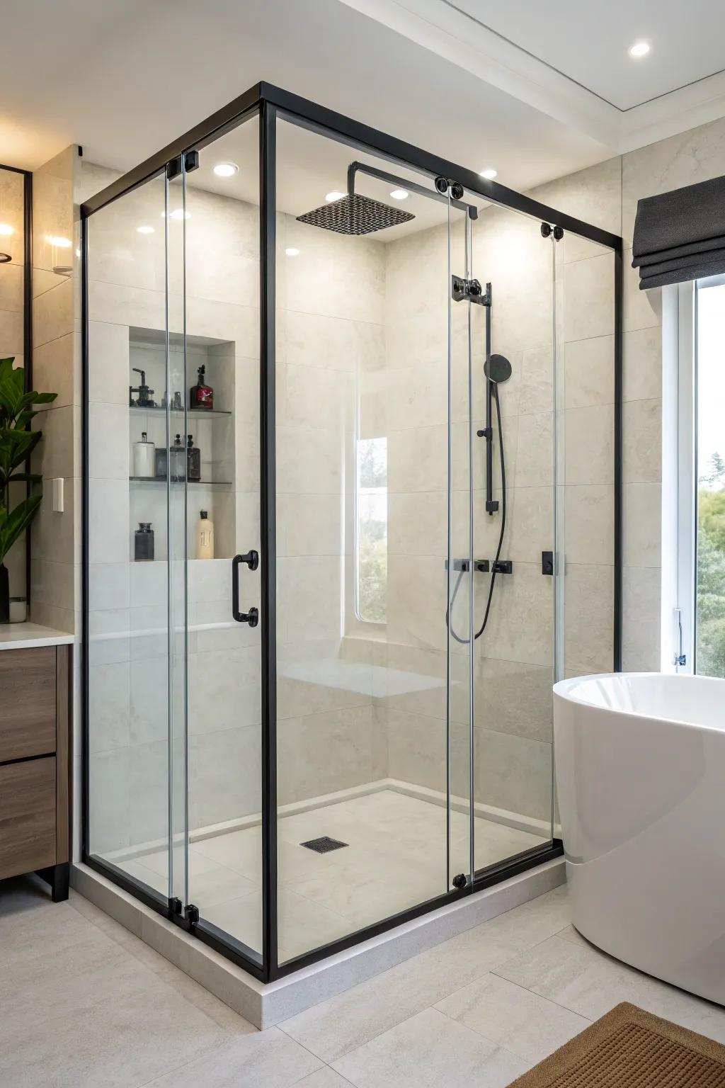 A colored shower screen increases depth and style to a small bathroom.