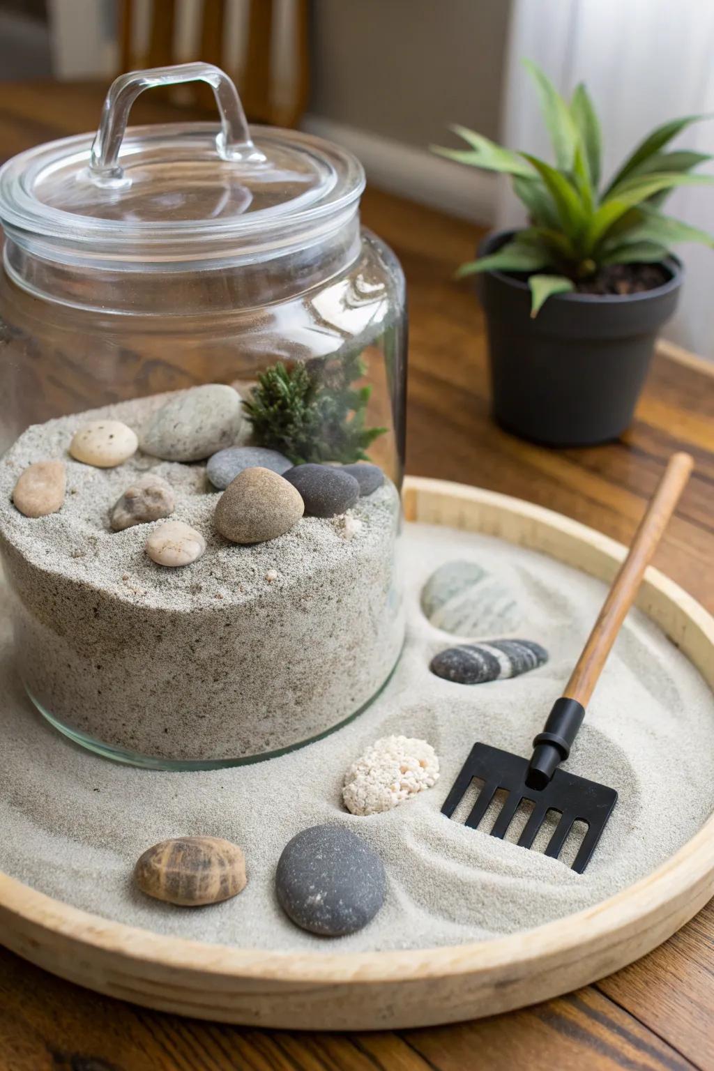 A calming calming garden nature display with sand and stones.