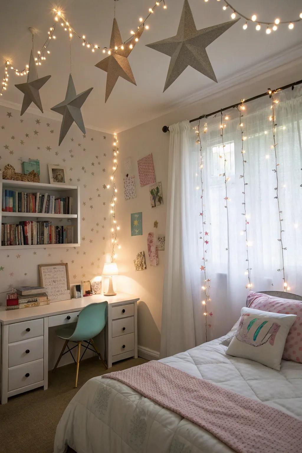 Whimsical decor elements bring a touch of magic to the room.