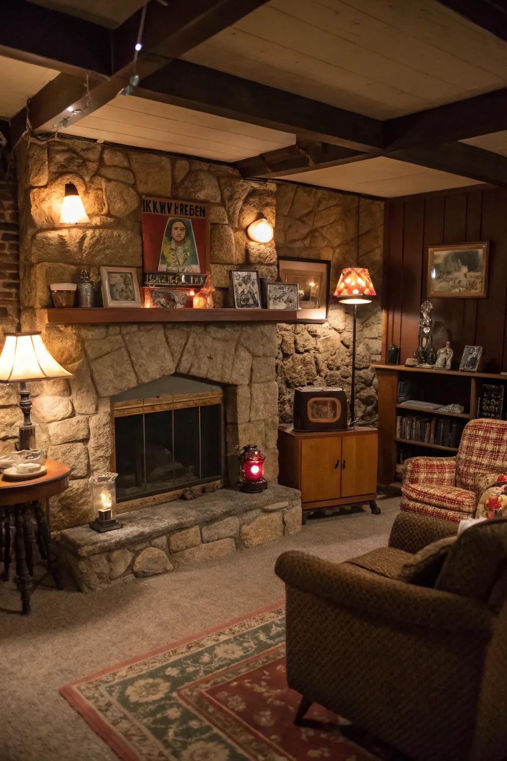 Stone accents enrich the rustic 70s charm.