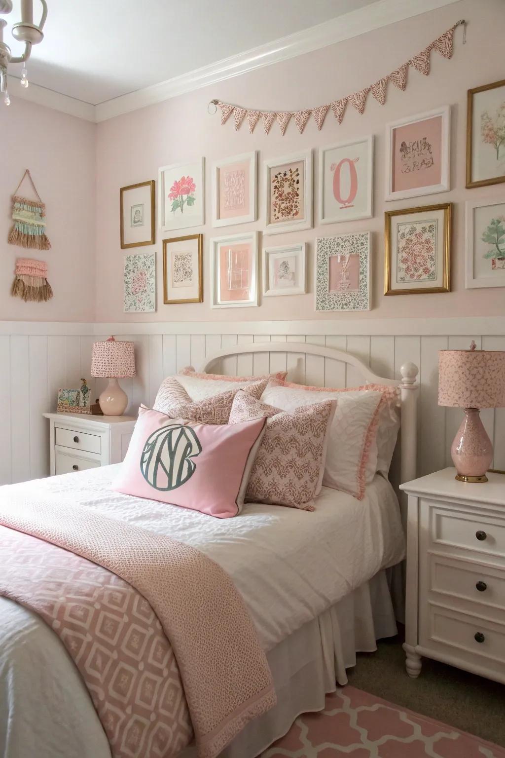 Personal accents like initialed monograms add individuality to the space.