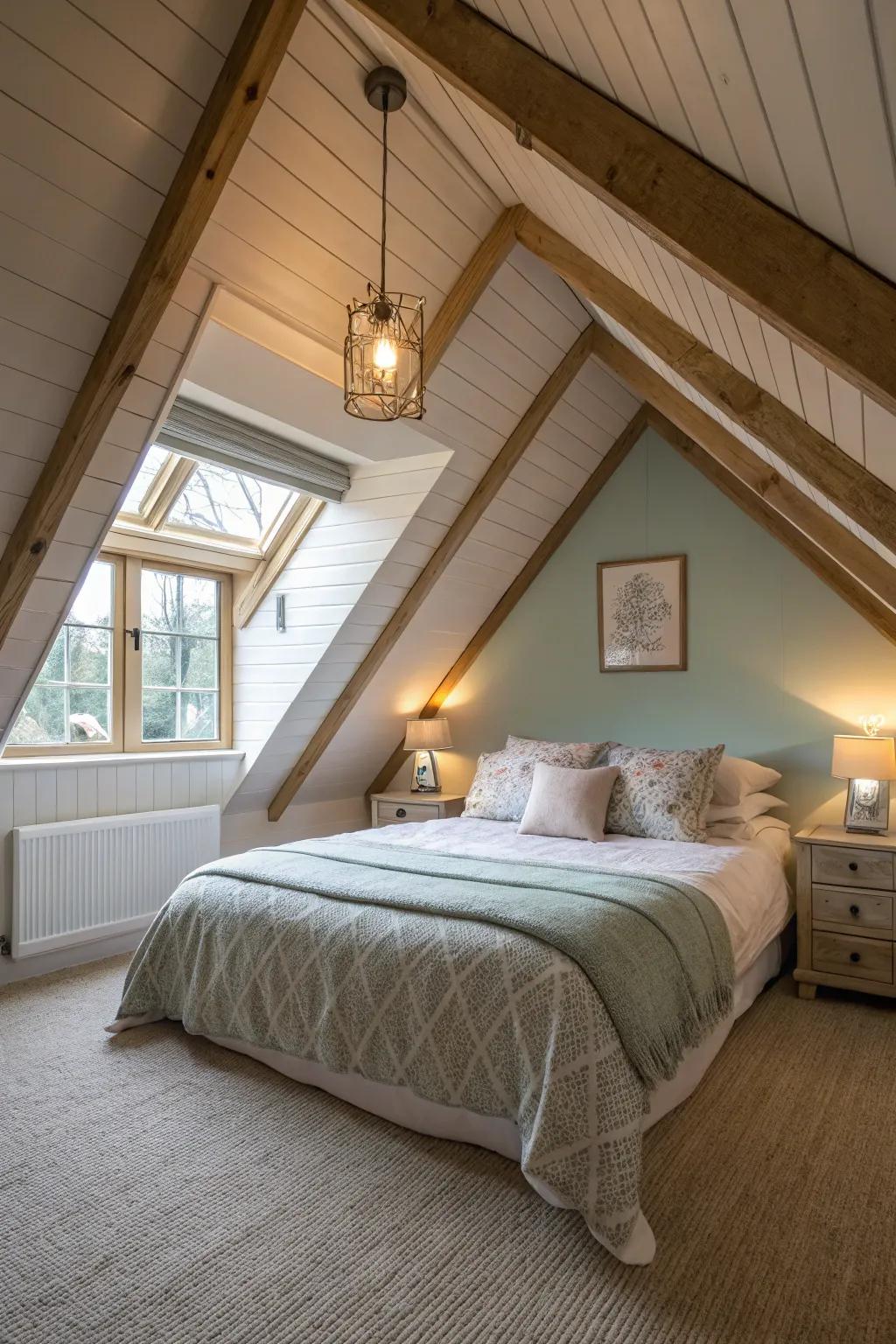 Forge an inviting slumbering area beneath the A-frame roof.