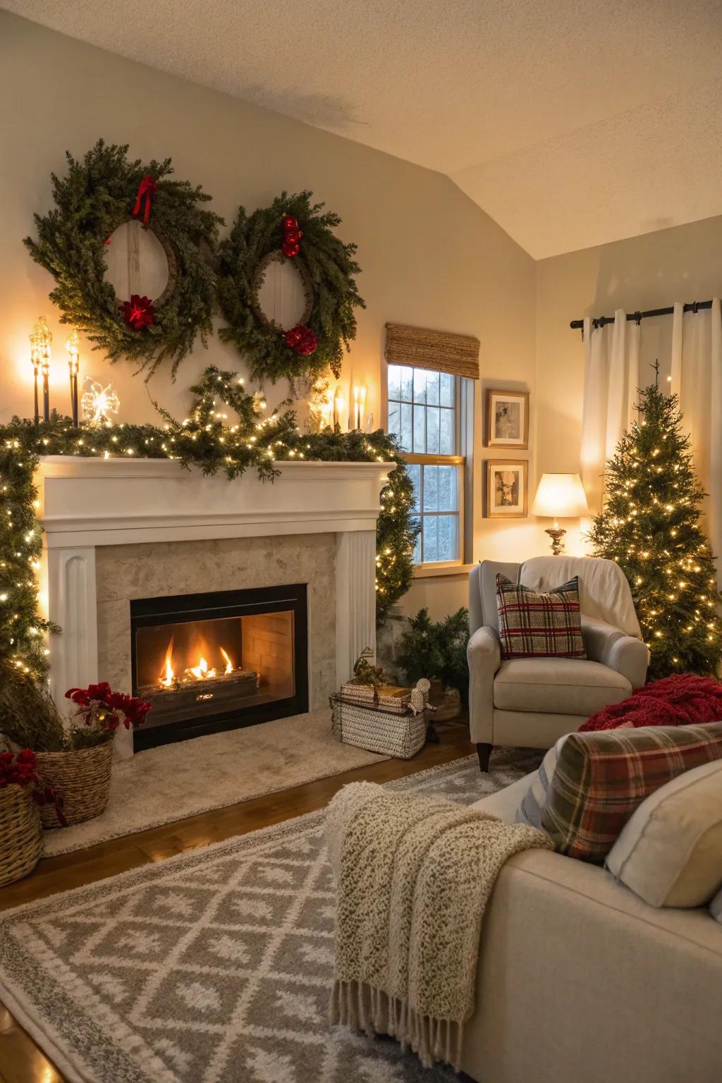 Seasonal décor positioned above the fireplace maintains a festive and inviting space.