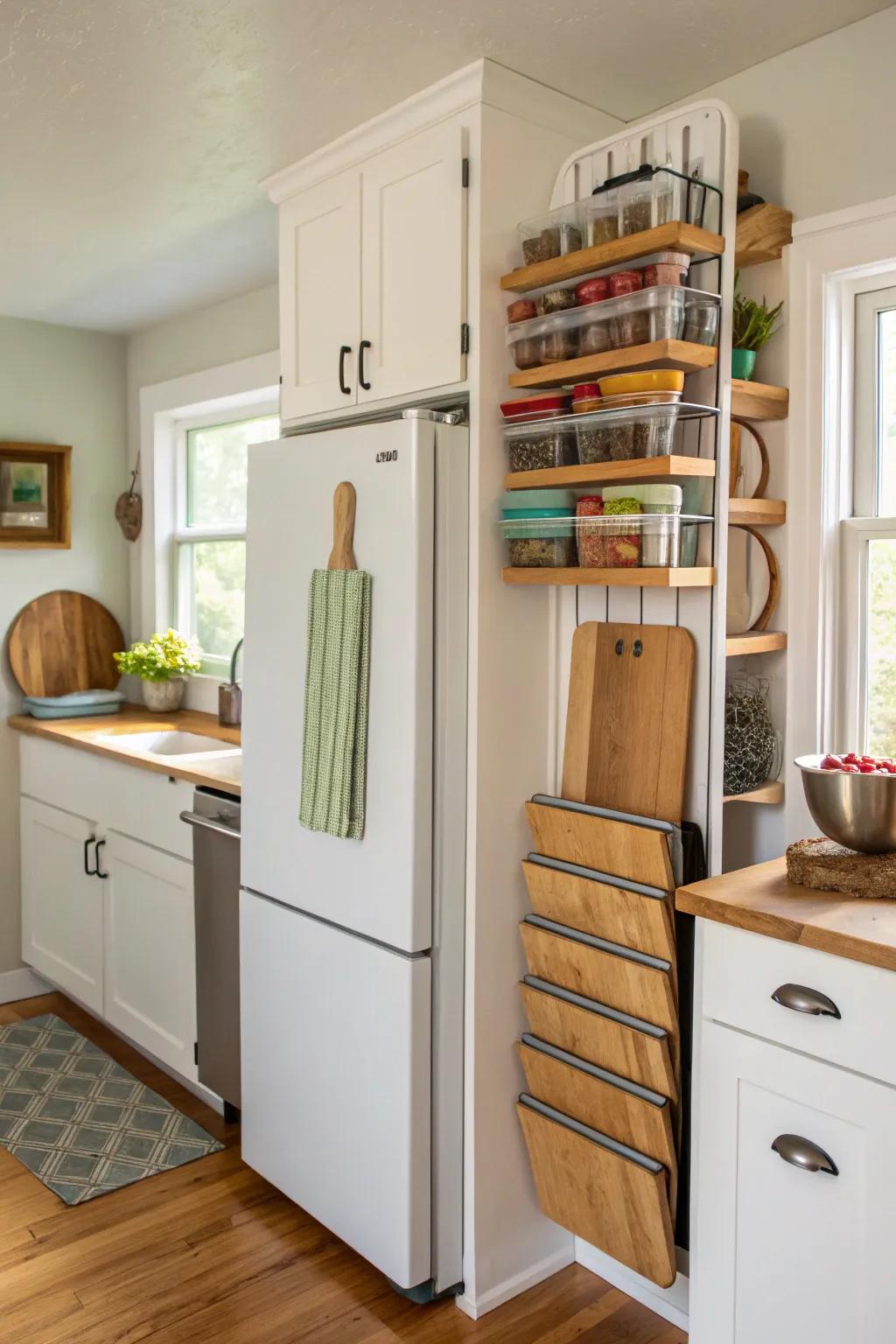 Vertical organizers keep trays and boards neatly stored.
