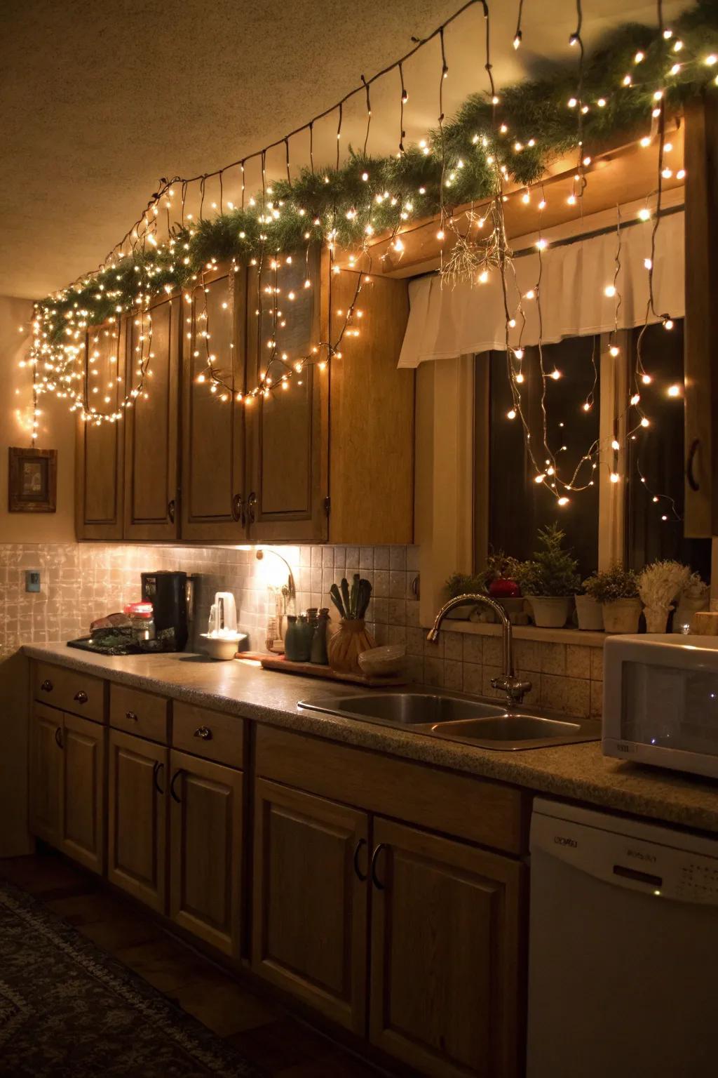 Enliven your kitchen with whimsical lighting showcased above the cabinets.