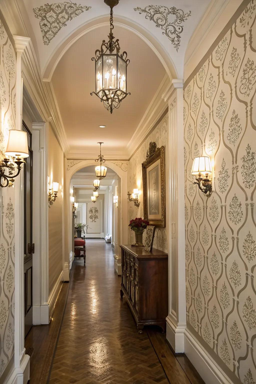 An entrance hall features a stylish patterned feature wall.