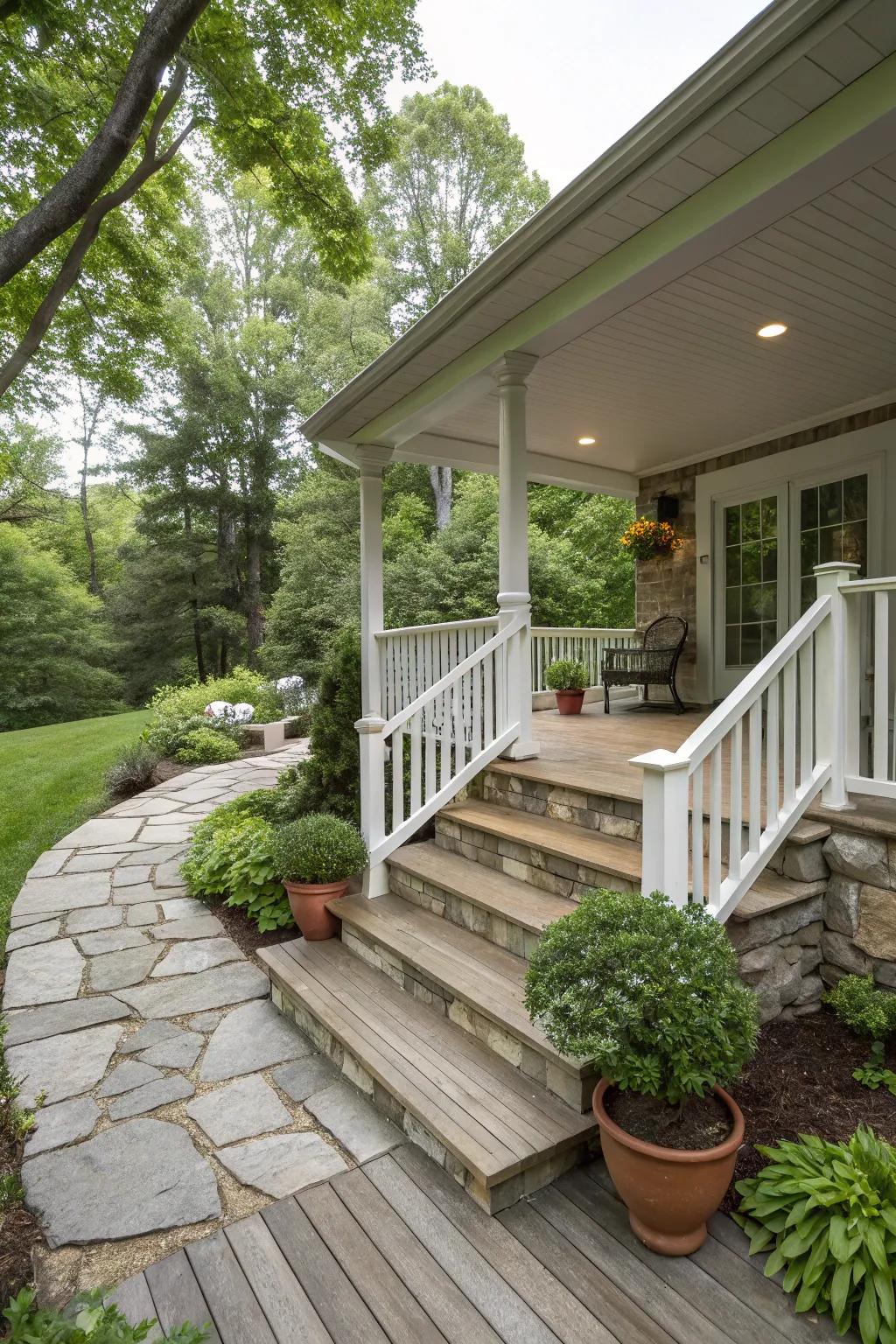 An organic porch with raw materials for a unified appearance.