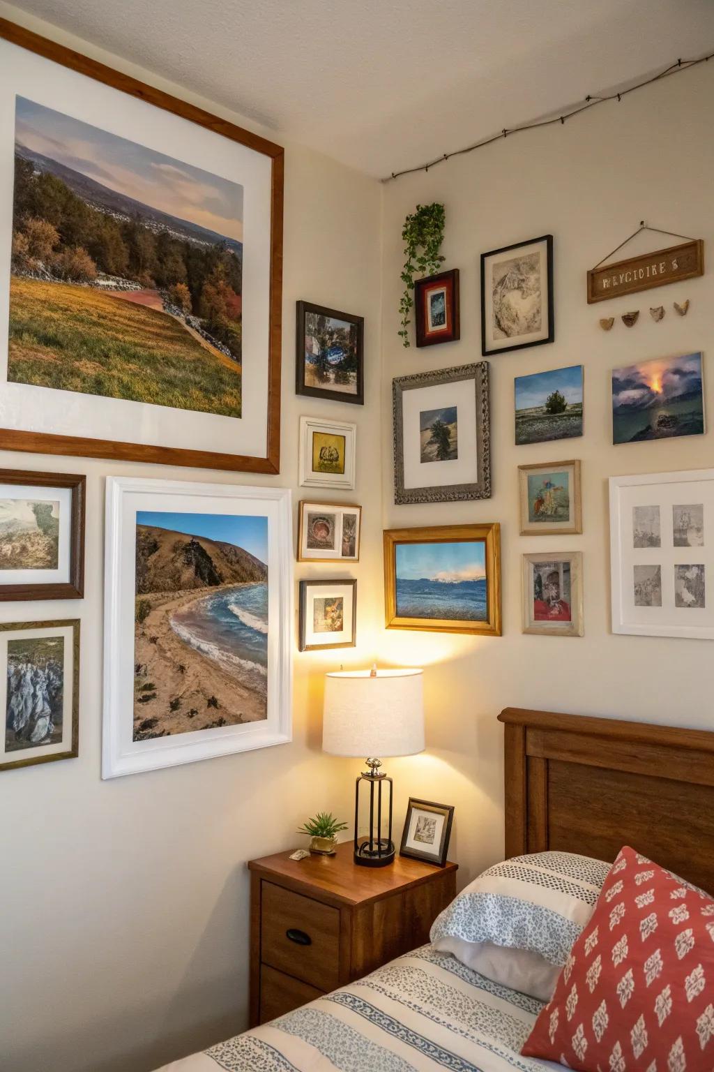 A gallery wall showcases personal art and photos.