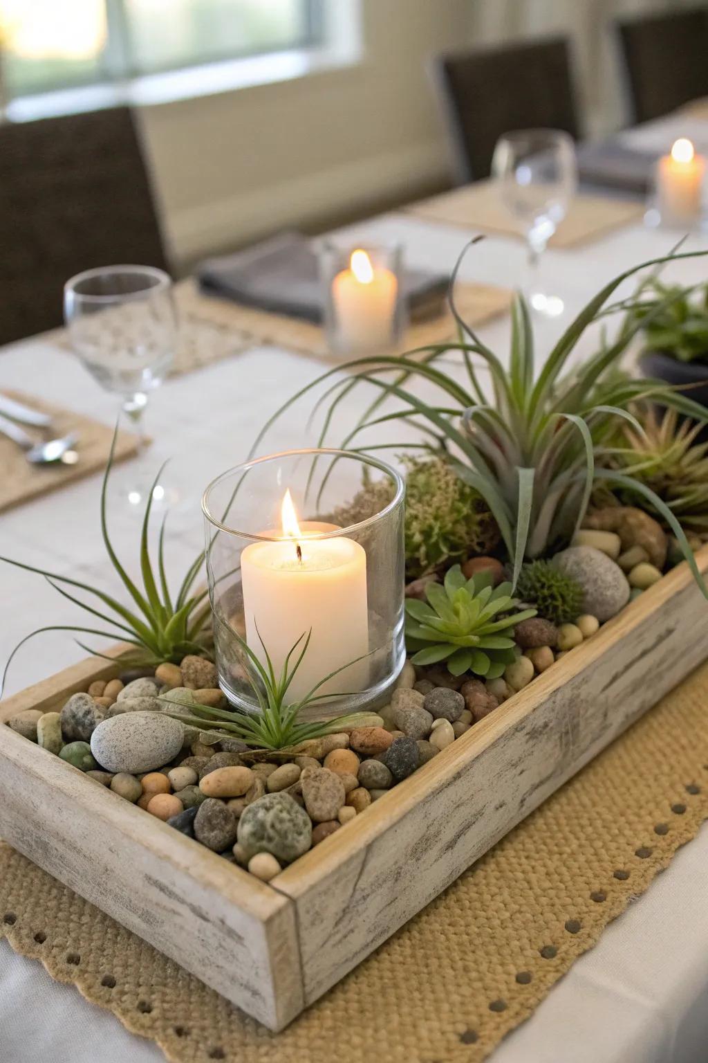 Air plants mixed with decorative elements for a tabletop display.