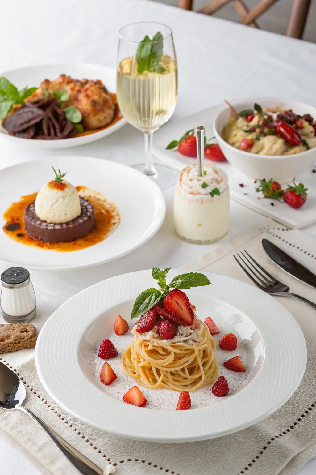 A delectable and thematic white menu perfect for a sophisticated party.