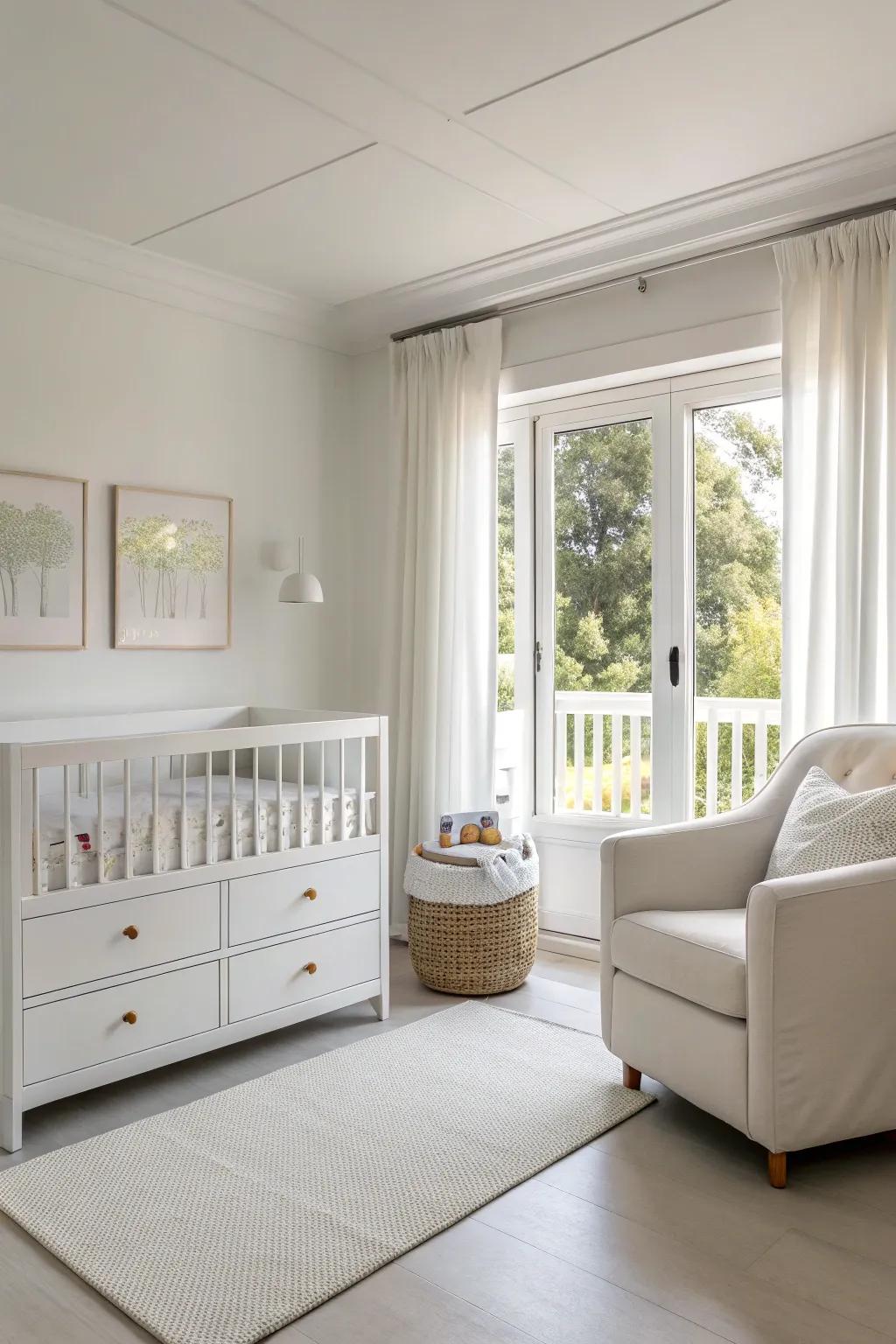 Uncluttered furniture heightens the tranquil atmosphere of a white nursery.