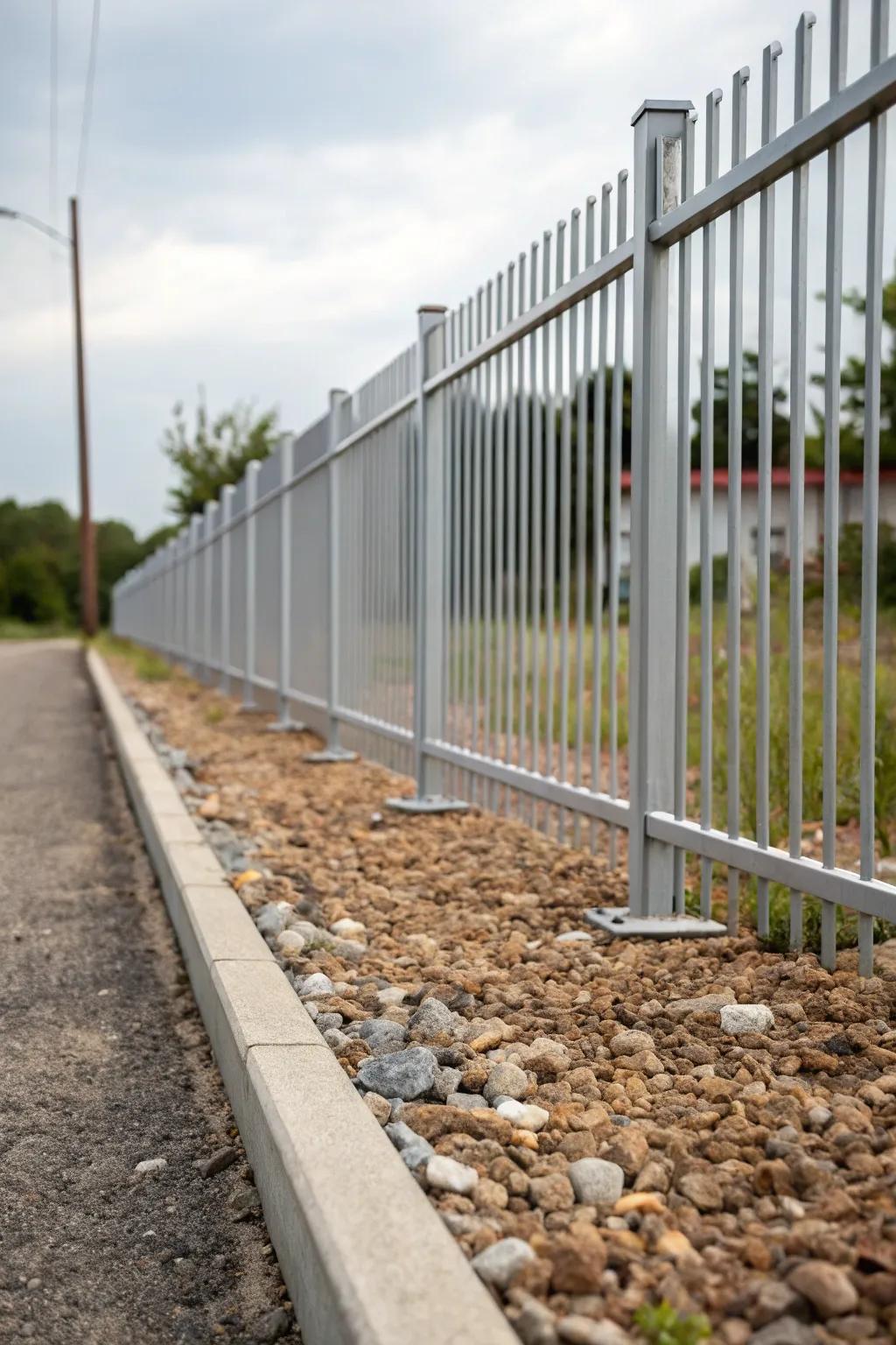 Gravel beds enhance the elegance of a sleek metal fence.