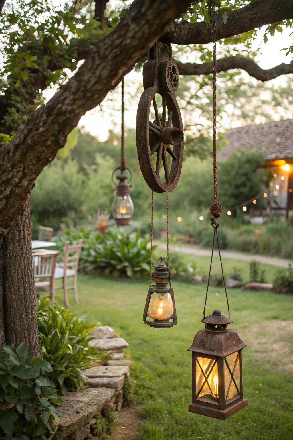 Forge enchanting garden lighting utilizing vintage pulleys.