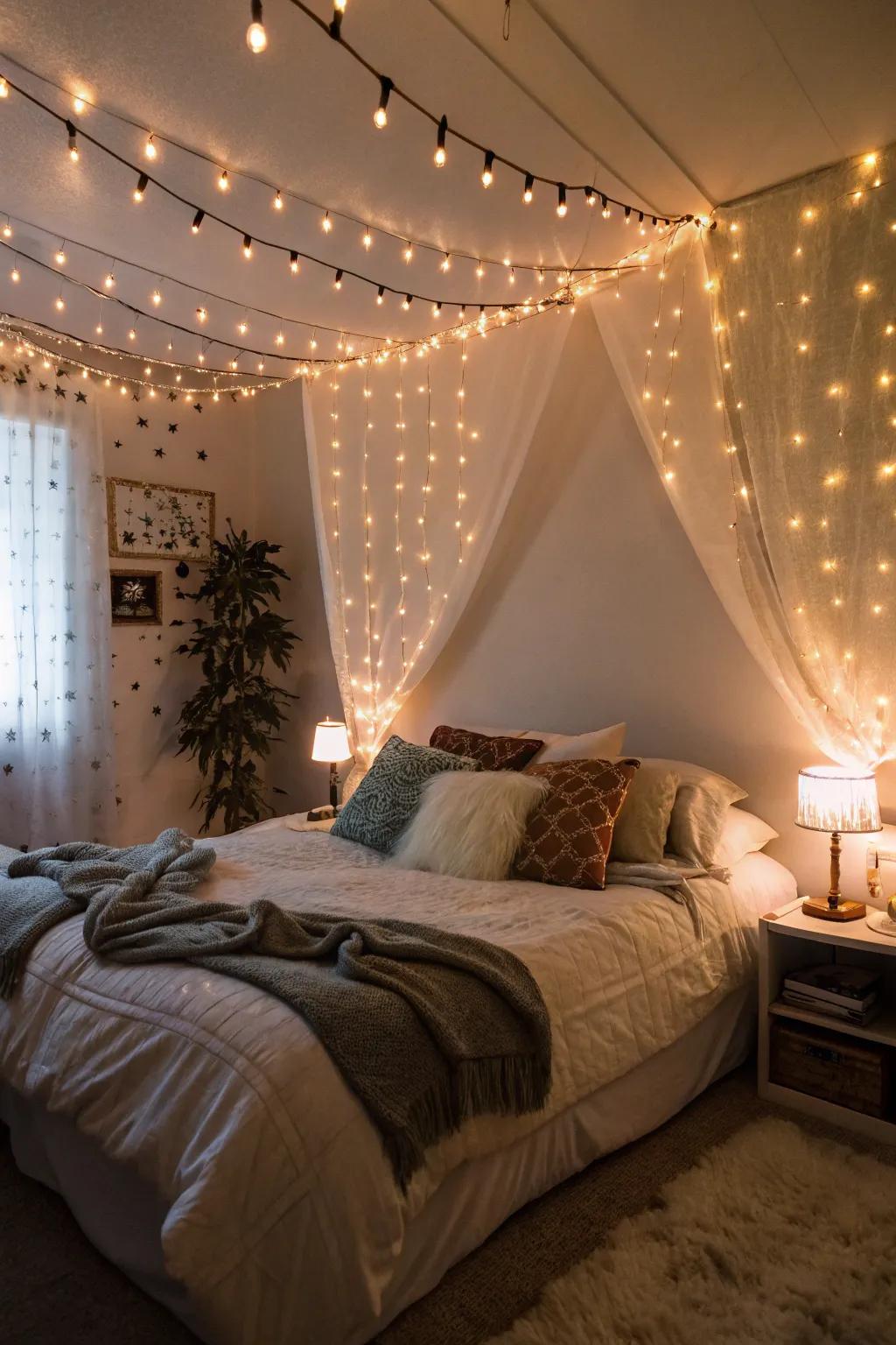 A bedroom featuring whimsical string lights creating a dreamy atmosphere.