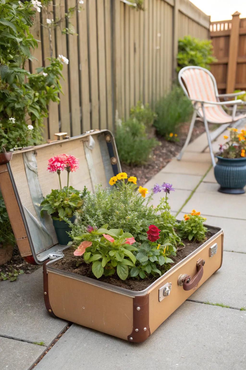 Repurposed planters offer charm and sustainability to your outdoor area.