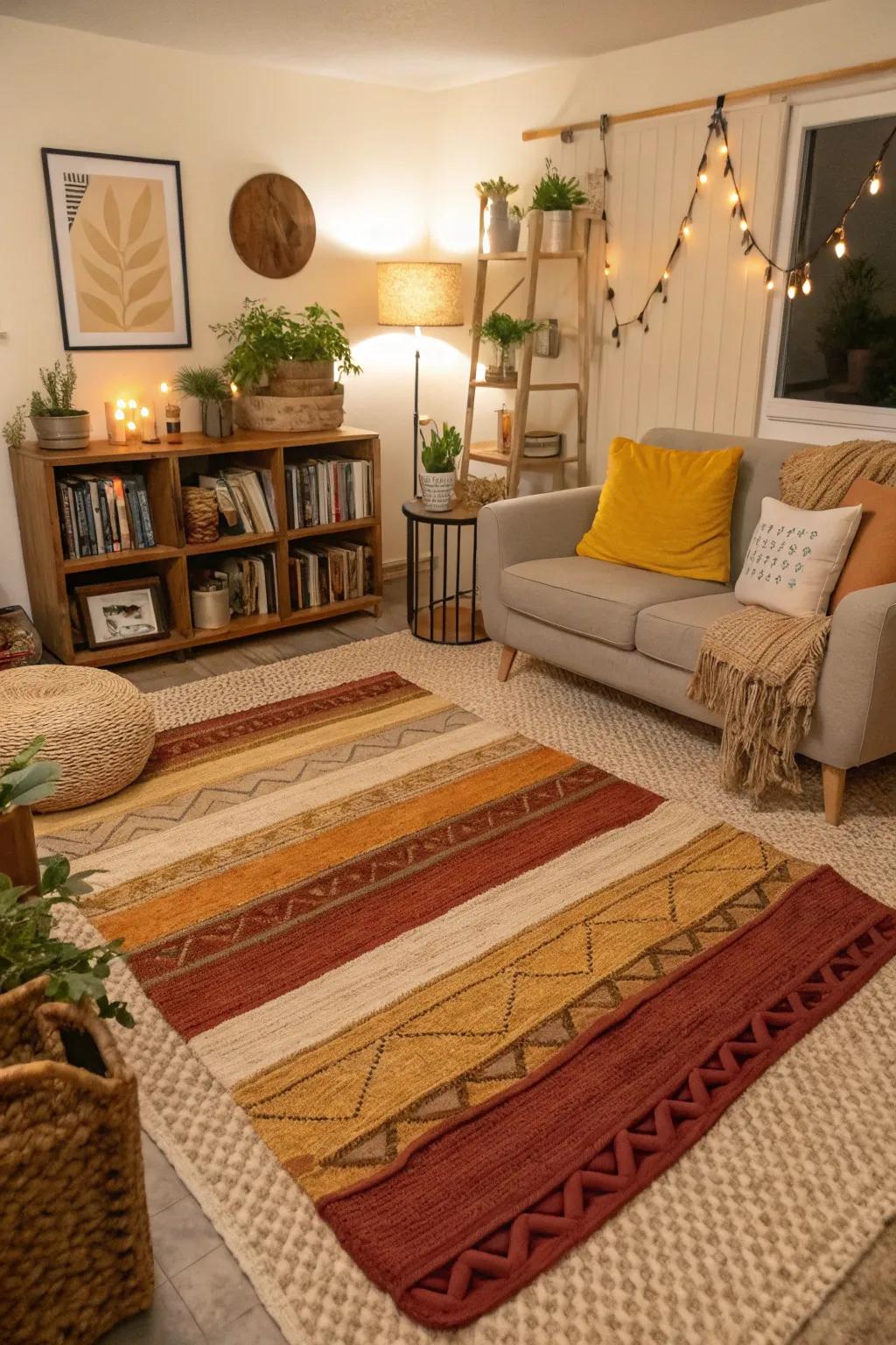 Rugs add definition and warmth to a small living room.