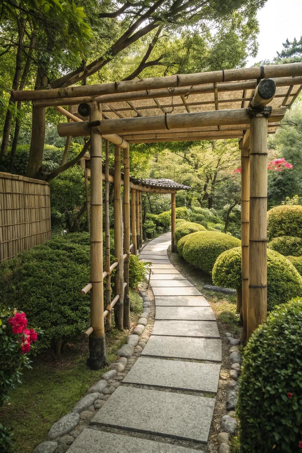 A serene Japanese-style arbor establishing a calm garden escape.
