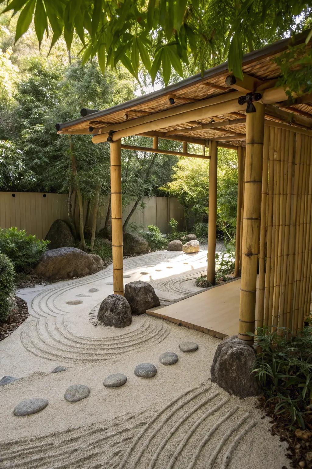 A Japanese-style arbor offers a serene escape with its minimalist design.