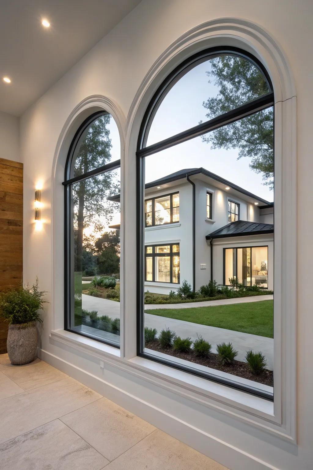 Modern styling gives a streamlined, updated look to traditional arch windows.