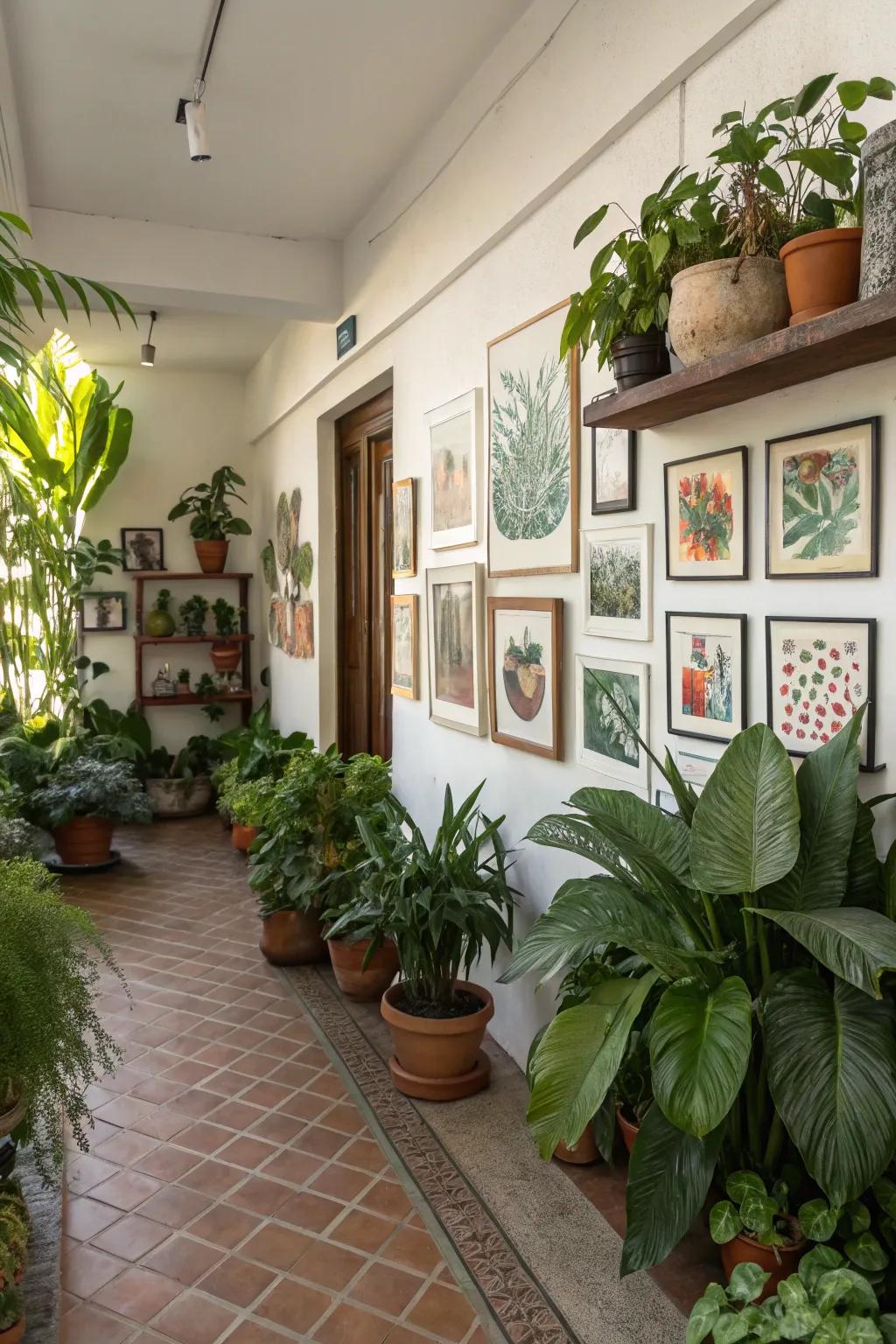 Greenery and art united create a vibrant and organic atmosphere.