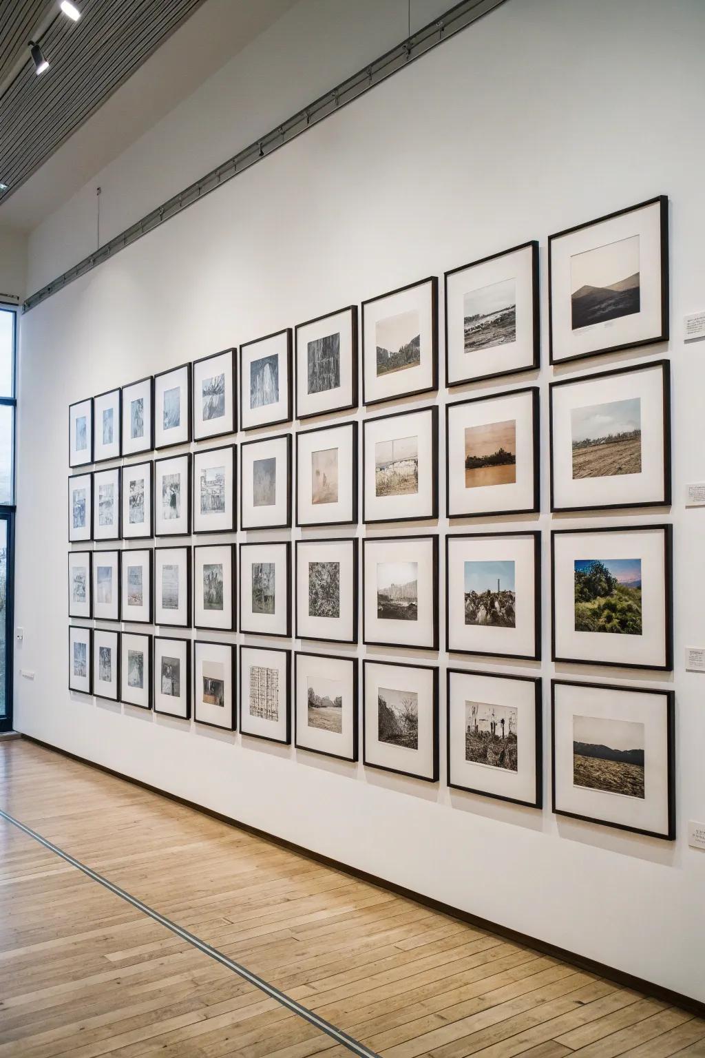 A pristine grid design displaying art prints in a contemporary setting.