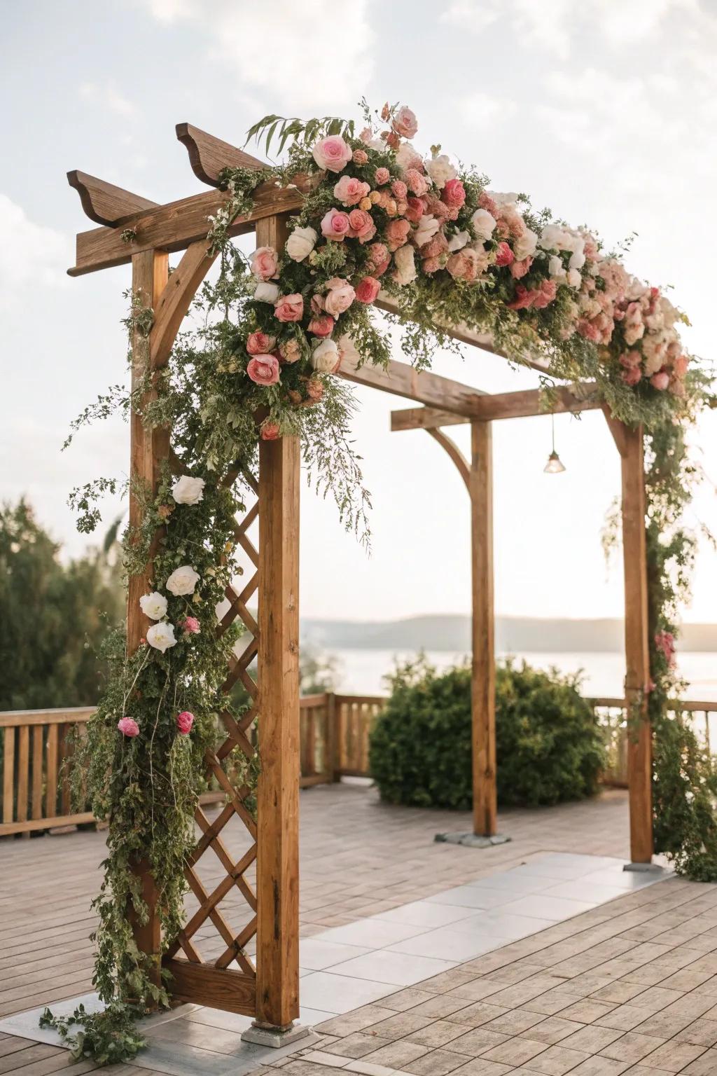 A stunning wood passageway functions as the background for the event.