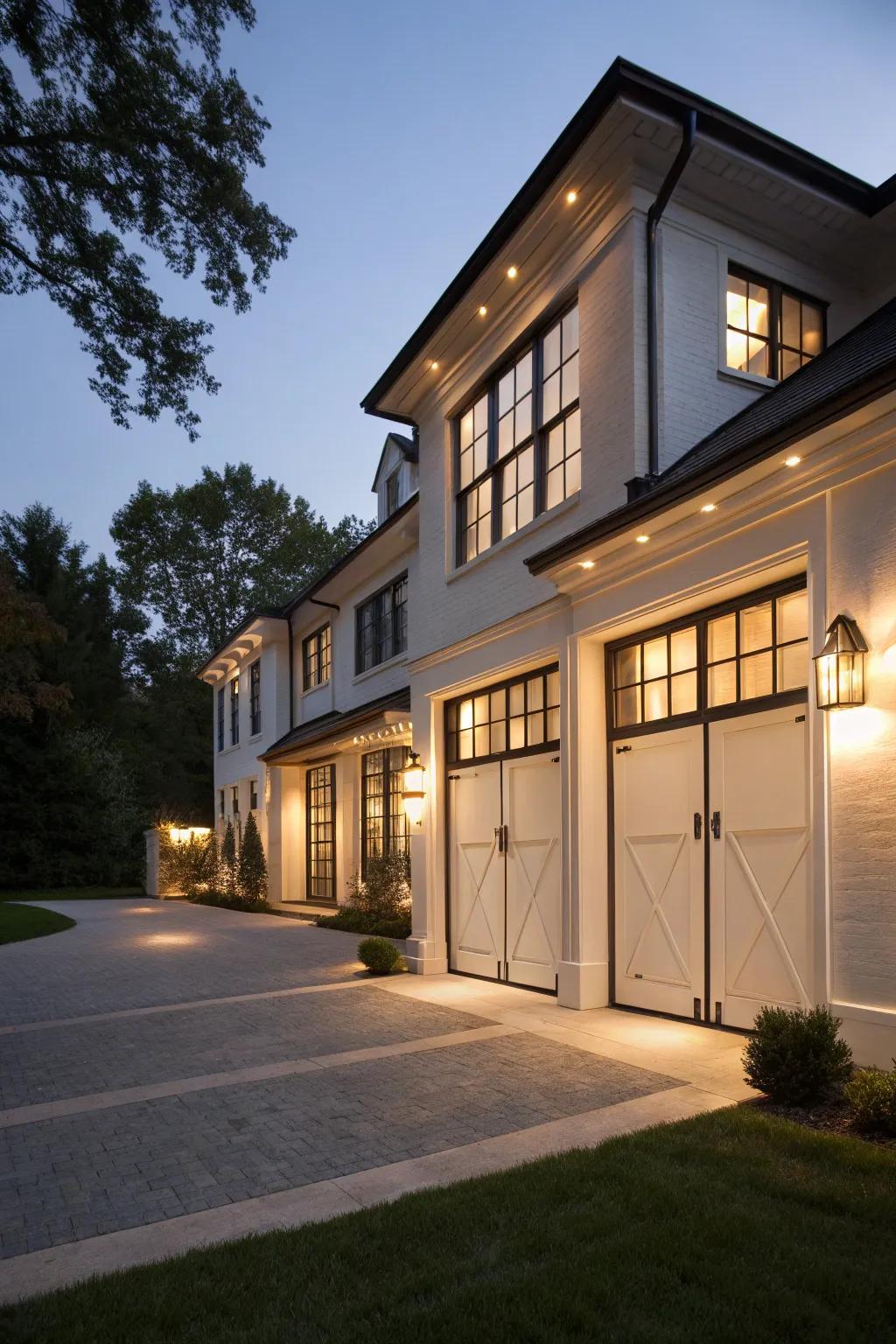 A well-illuminated garage offers both charm and safety.